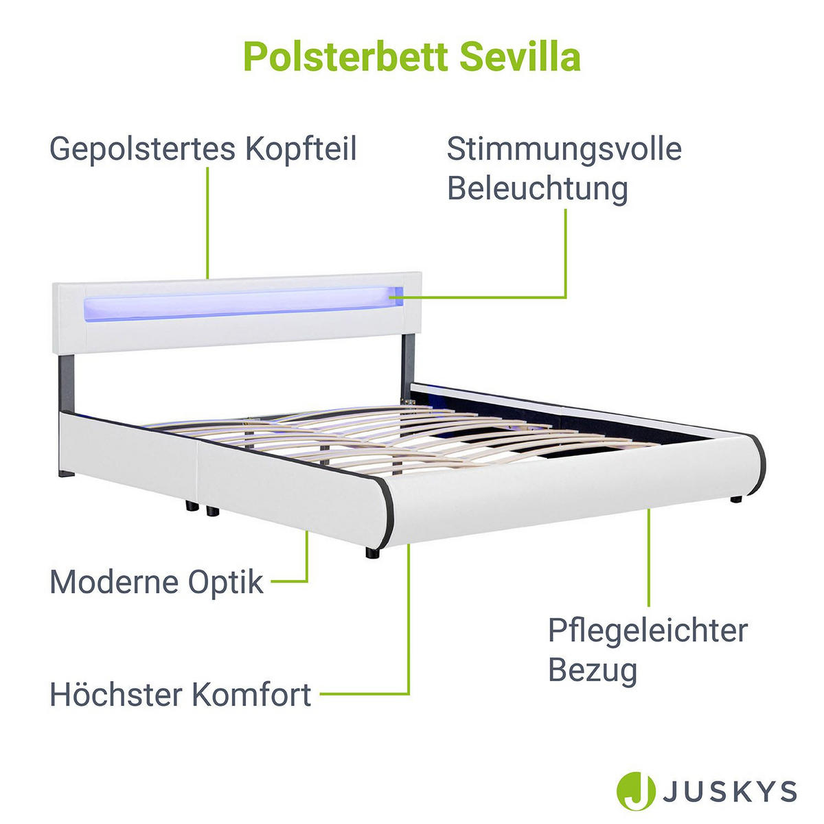 POLSTERBETT Sevilla weiß 180x200 cm - Weiß, Holz (180/200cm) - Juskys