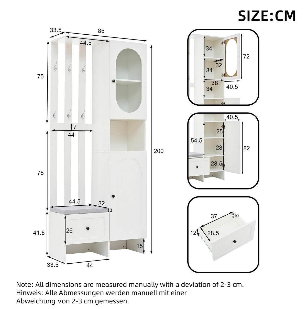 GARDEROBE 85/200/33,5 cm Weiß aus Spanplatte mit gehärtetem Glas und Schuhbank - Weiß, Holzwerkstoff (33.5/200/85cm) - OKMYHOME