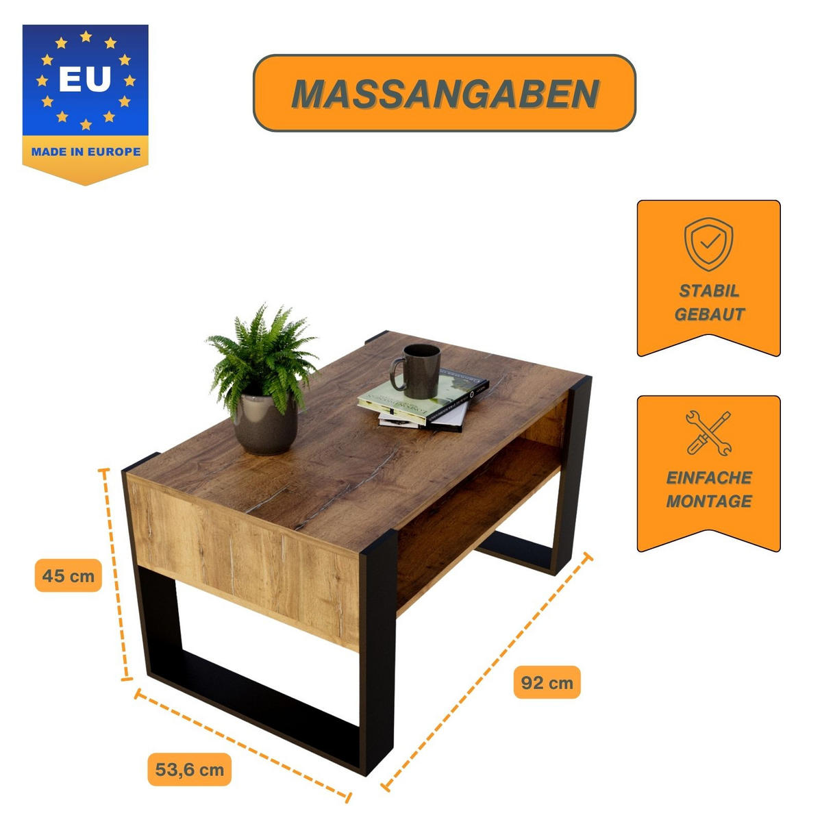 COUCHTISCH Holzwerkstoff rechteckig stabil Nussbaumfarben 45/53,6/92cm - Nussbaumfarben/Schwarz, Holzwerkstoff (53.6/92/45cm) - CraftPAK