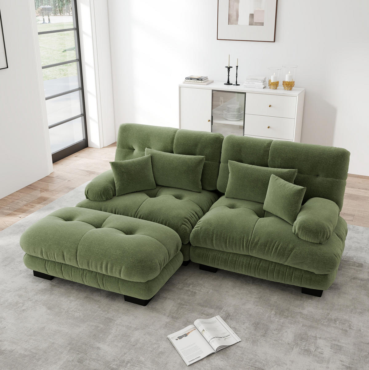 ROHOVÁ sedačka s otomanmi, ženilka, zelená, 220/145 cm - zelená, textil (145/220cm) - Flora Grace