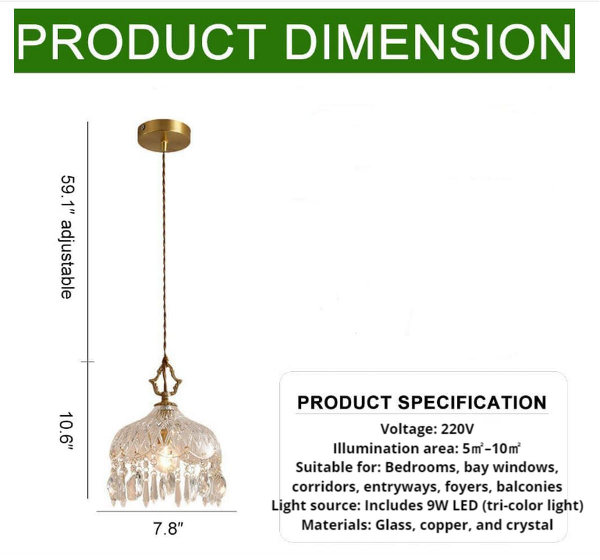 PENDELLEUCHTEN,MESSING + Glas, 220 V, 9 W, E27, 20 cm Durchmesser - Transparent, Glas (20/20/27cm) - Weltevree