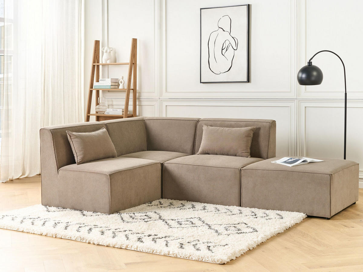 3-SITZER-ECKSOFA Cord taupe linksseitig mit Ottomane Lemvig - Beige, Textil (250/166cm) - Beliani