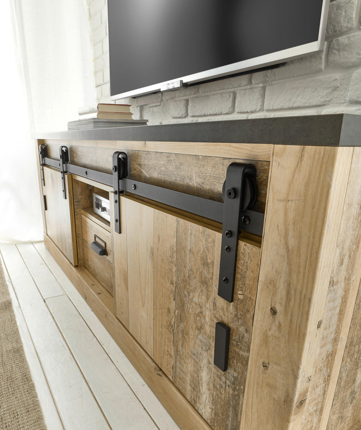 TV-LOWBOARD Used Wood hell, anthrazit 162 x 61 cm, TV Unterteil in Komforthöhe - Anthrazit/Schwarz, Holzwerkstoff/Metall (162/61/43cm) - Furn.Design