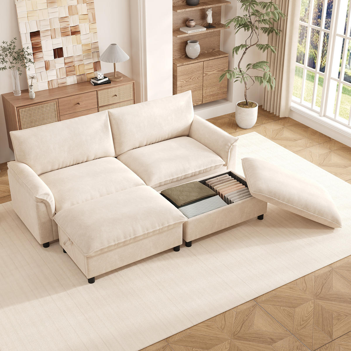 WOHNLANDSCHAFT mit 2 Aufbewahrungs-Ottomane 216/142/82 cm Beige - Beige, Textil (77/82/216cm) - Oxeza