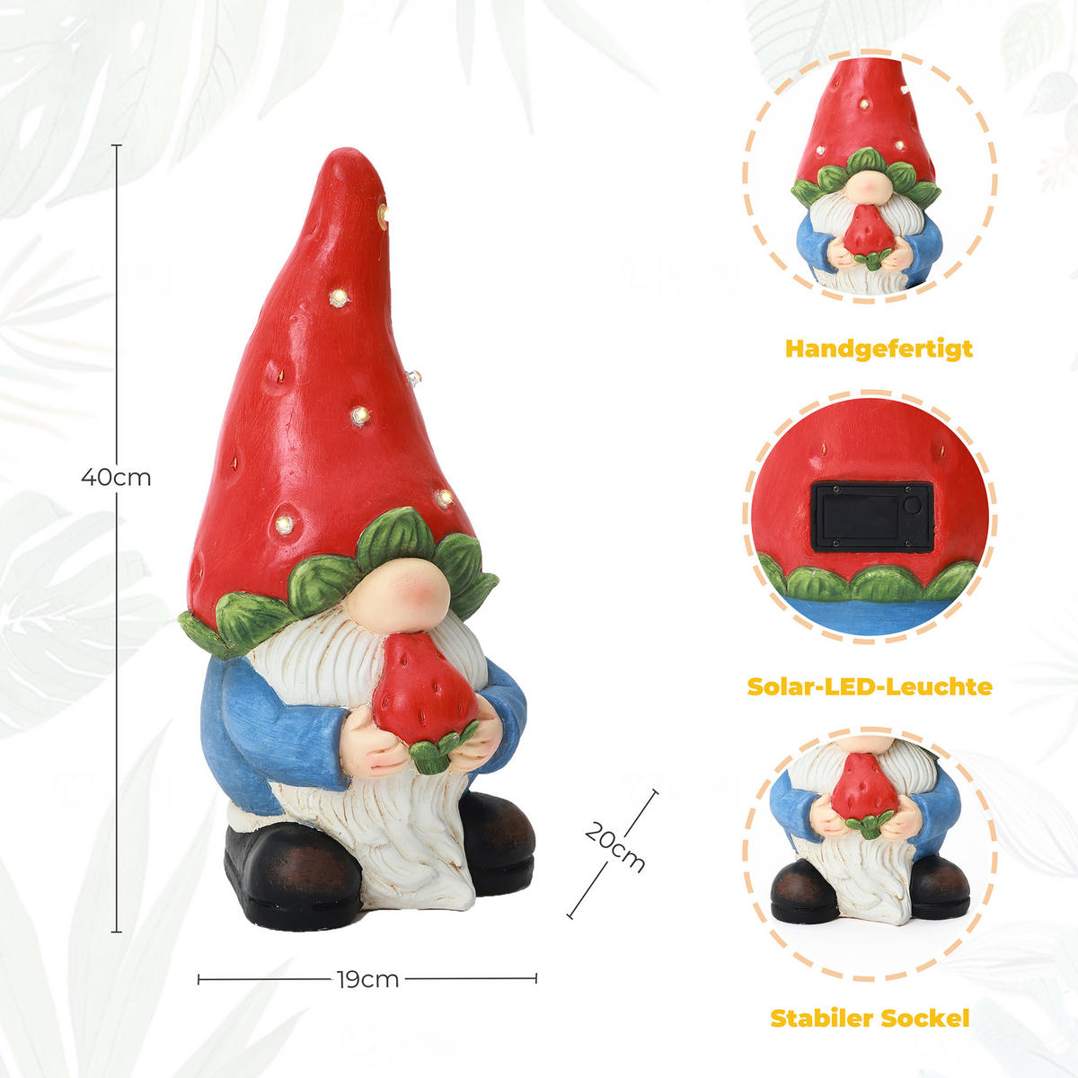 40 cm Erdbeer-Zwergelf LED Gartenfigur Zwerg, Garten- und Hofdekoration Geschenkidee für Mama - Multicolor, Naturmaterialien (19.5/40/19cm) - Hometopia