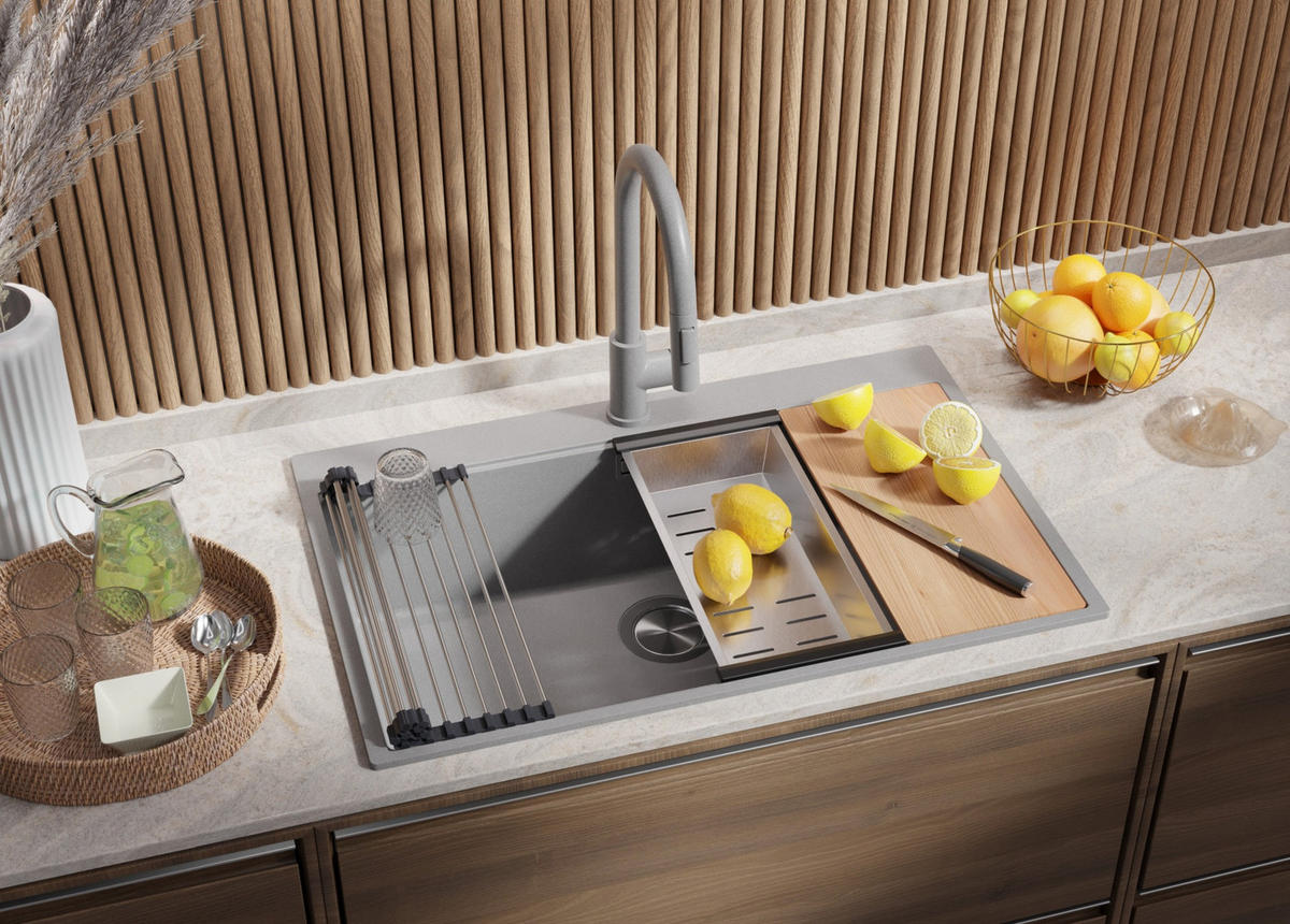 SPÜLBECKEN Oslo, 2-er set Grau 78/50 cm 1 Becken + Ablauf-Set + Schneidebrett ab 80er Unterschrank - Chromfarben/Beige, Kunststoff (78/20/50cm) - Primagran