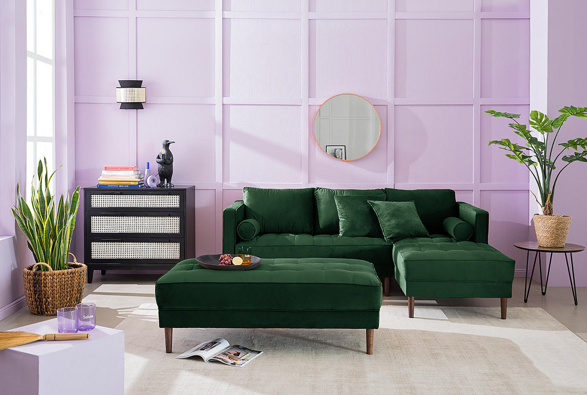 ECKSOFA - Samt - Dunkelgrün/Dunkelbraun, Birkenholz/Textil (201/155cm) - home24