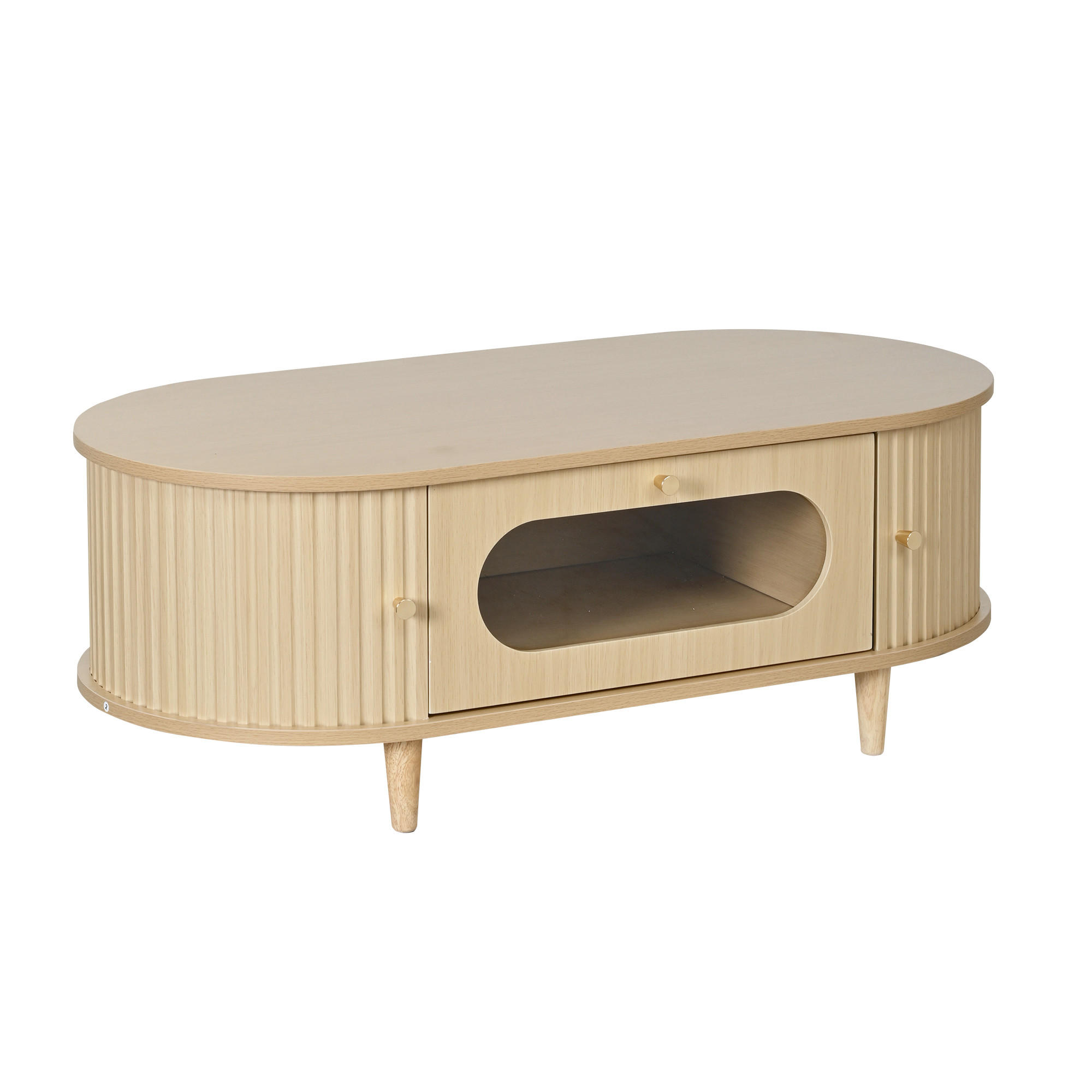 COUCHTISCH in Eiche-Optik – Ovales Design mit Glasschublade & Rolltüren - Eichefarben, Holzwerkstoff (50/100/36cm) - Urban Meuble