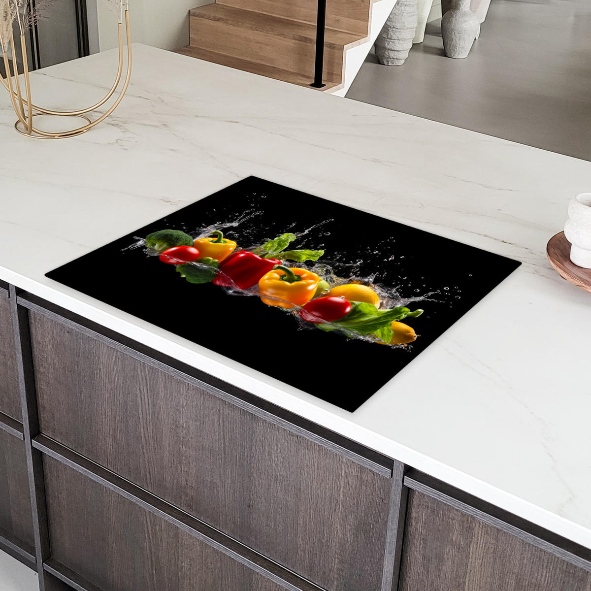 HERDABDECKPLATTE Paprika - Wasser - Gemüse - Schwarz Induktionsmatte 77x59 cm - Multicolor, Kunststoff (77/59/0.2cm) - MuchoWow