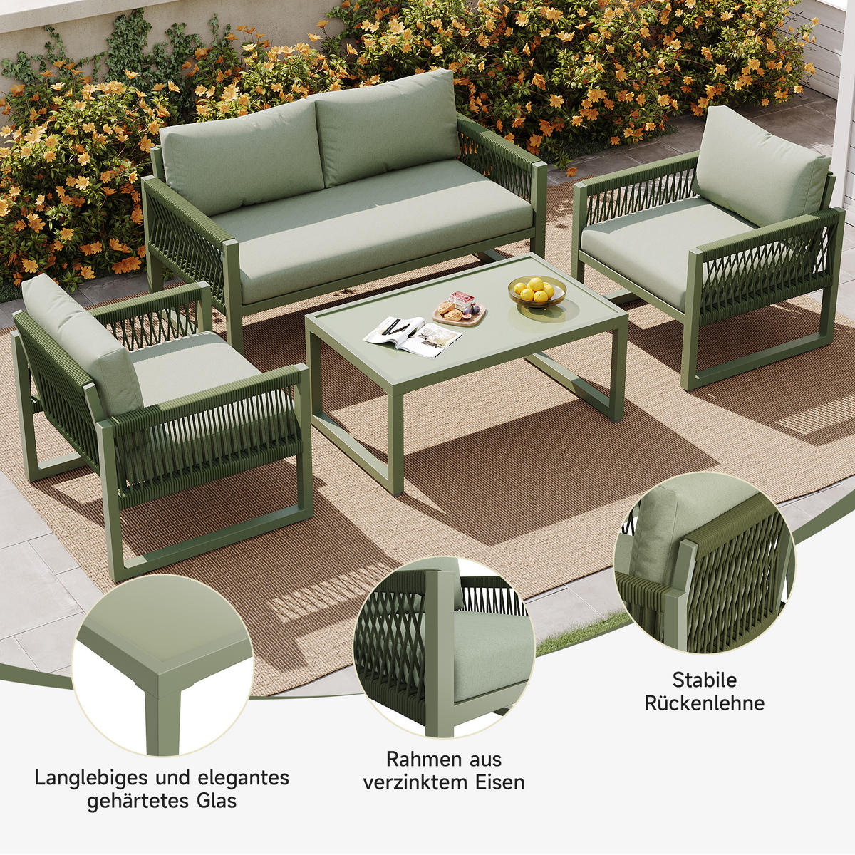 GARTENLOUNGE-SET 4er-Set Gartenmöbel-Set Lounge-Set mit Sitzkissen&glatter Glasplatte - Grün, Textil/Metall - STILVORA