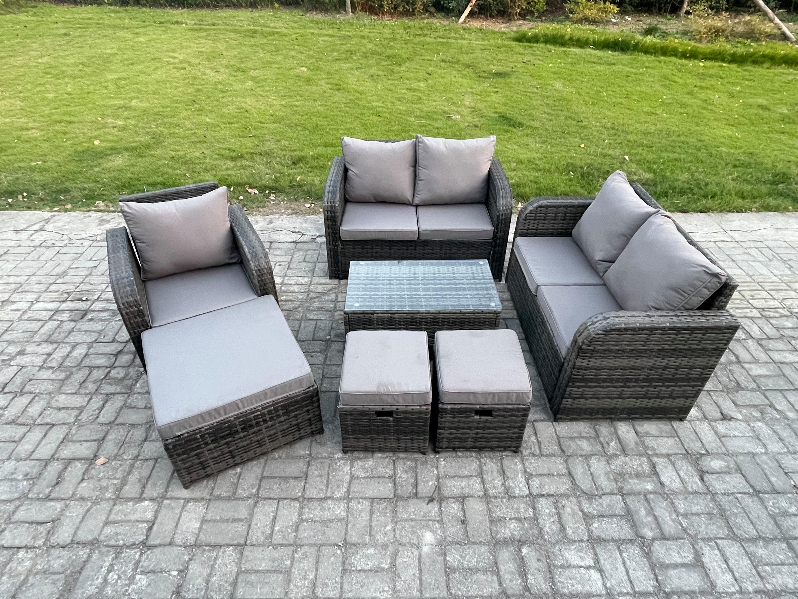 LOUNGESOFA-SET Polyrattan Dunkelgrau 8-Sitzer - Dunkelgrau, Metall - Fimous