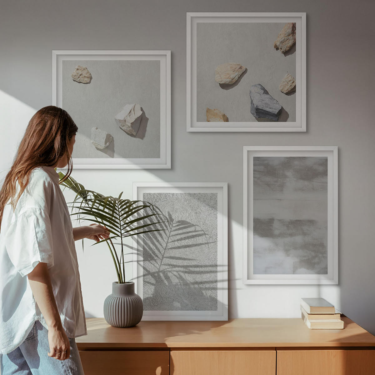 WANDBILDER 4er-Set - 50x50 cm & 40x60 cm Weißer Rahmen - Moderne minimalistische Texturen - Weiß, Kunststoff (50/50cm) - ArtPrintCave