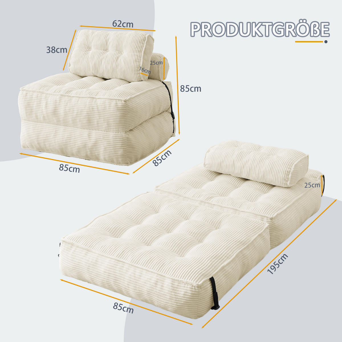 SCHLAFSESSEL 2-in-1 aus weichem Cord, klappbar als Loungesessel und Gästebett - Beige, Kunststoff (85/85/85cm) - Urban Meuble