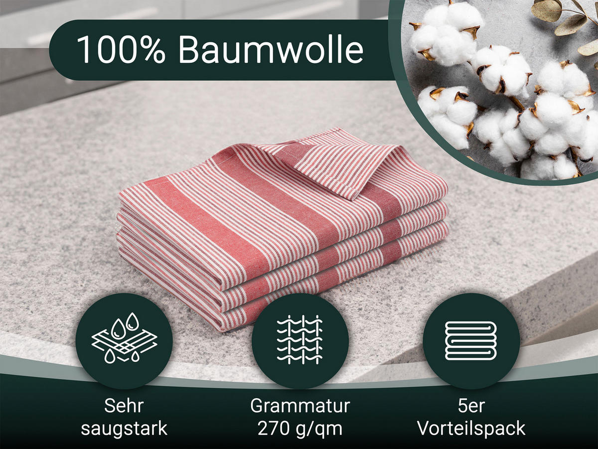GESCHIRRTÜCHER, 5er-Set, 50x70 cm, 100% Baumwolle, Rot - Rot, Textil (50/70cm) - Zollner
