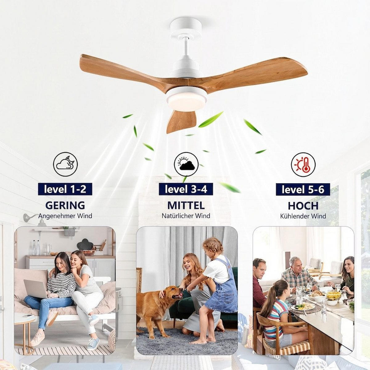 DECKENVENTILATOR & 3 Holzflügeln, 3-Stufen Dimmer, DC-Motor(35dB) - Weiß, Holzwerkstoff (114/114/45.7cm) - BEXEVUE