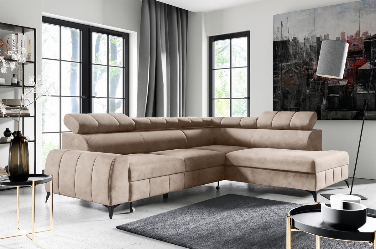 ECKSOFA London Greige Velours - Taupe/Schwarz, Textil/Metall (274/203cm) - Selsey