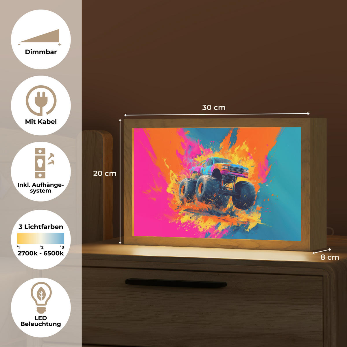 NACHTTISCHLAMPE Monstertruck - Abstrakt - Farbspritzer - Farbenfroh 30x20 cm - Pink, Holzwerkstoff (8/30/20cm)