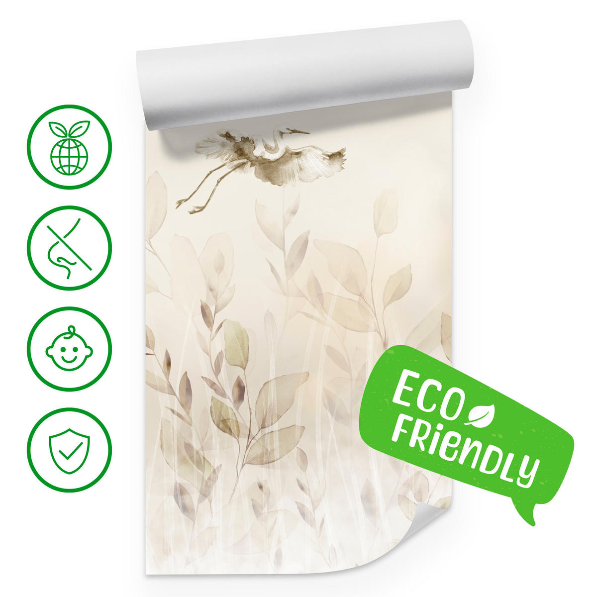 FOTOTAPETE Vögel Blätter Wiese Retro Stil 350x256 - Beige, Papier (350/256cm) - Muralo