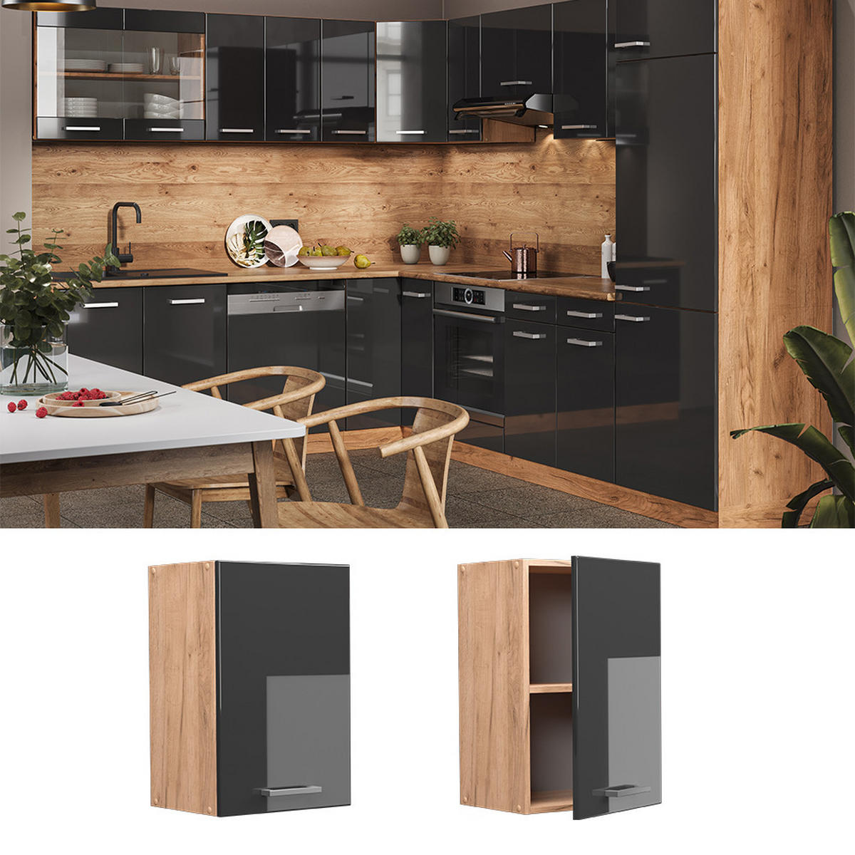 HÄNGESCHRANK R-Line Anthrazit Hochglanz 40 cm - Anthrazit/Eiche Wotan, Holzwerkstoff (40/60/31cm) - Vicco