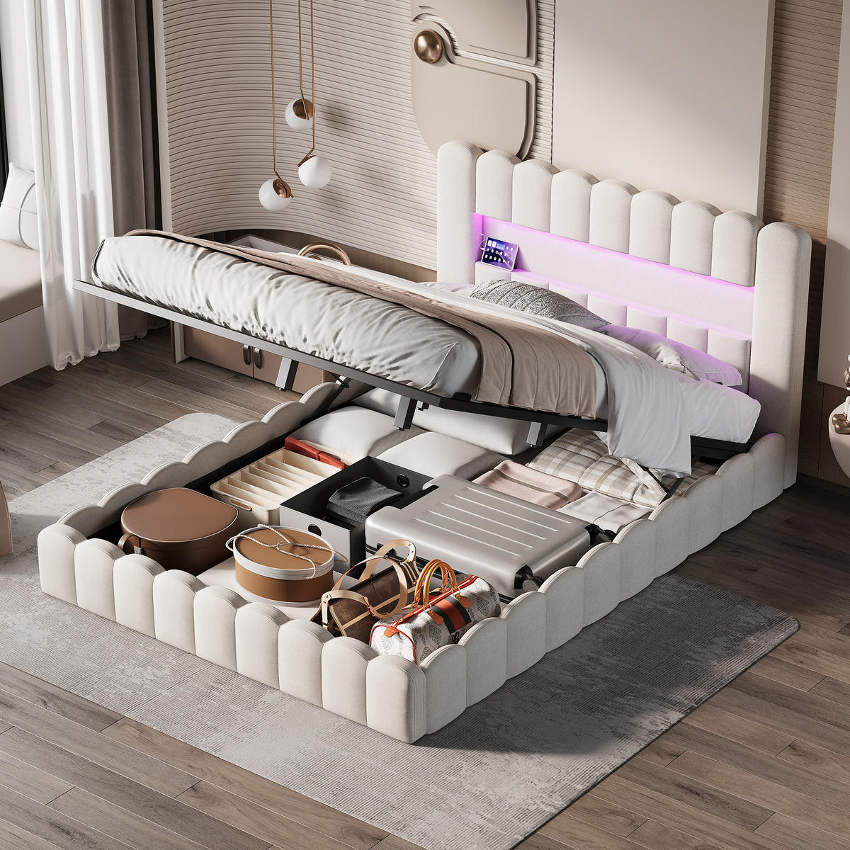 STAURAUMBETT 180x200 cm Doppelbett, mit USB-Anschluss und LED-Beleuchtung, Leinenstoff in Beige - Beige, Holz (180/200cm) - BRILVERDE