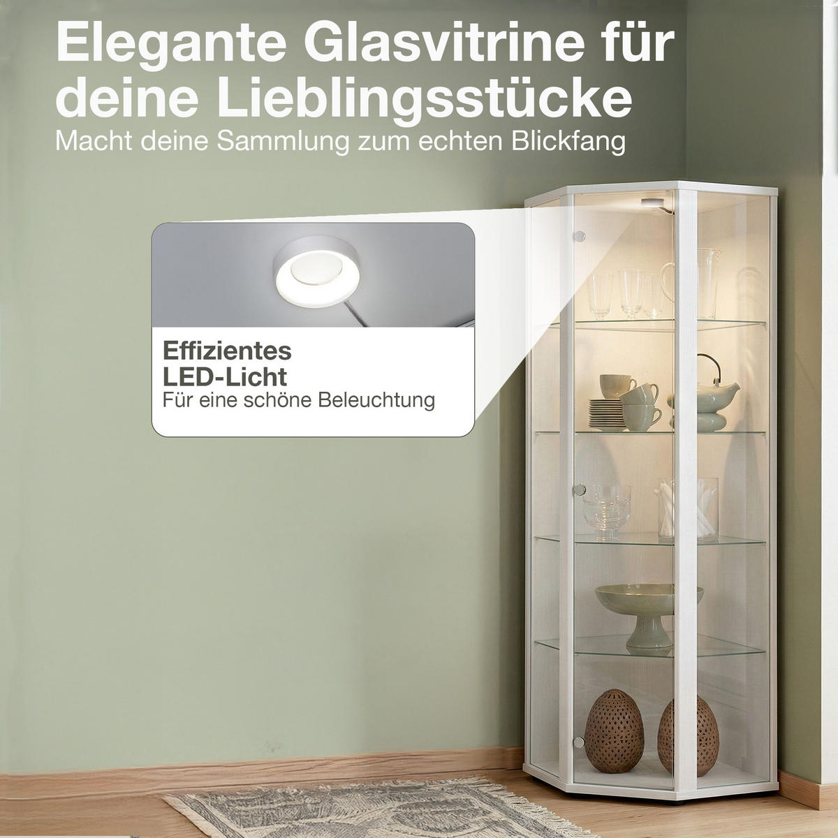 ECKVITRINE 56,5/56,5/176 cm mit LED - Transparent/Silberfarben, Glas/Holzwerkstoff (56.5/176/56.5cm) - K-Möbel