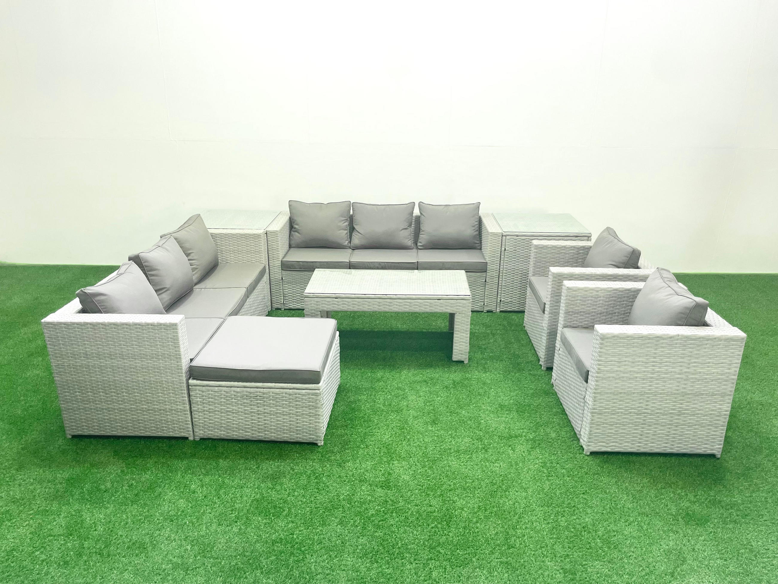 GARTENSOFA hohe Rückenlehne Polyrattan Hellgrau-Mix 9-Sitzer - Hellgrau/Grau, Glas/Kunststoff - Fimous