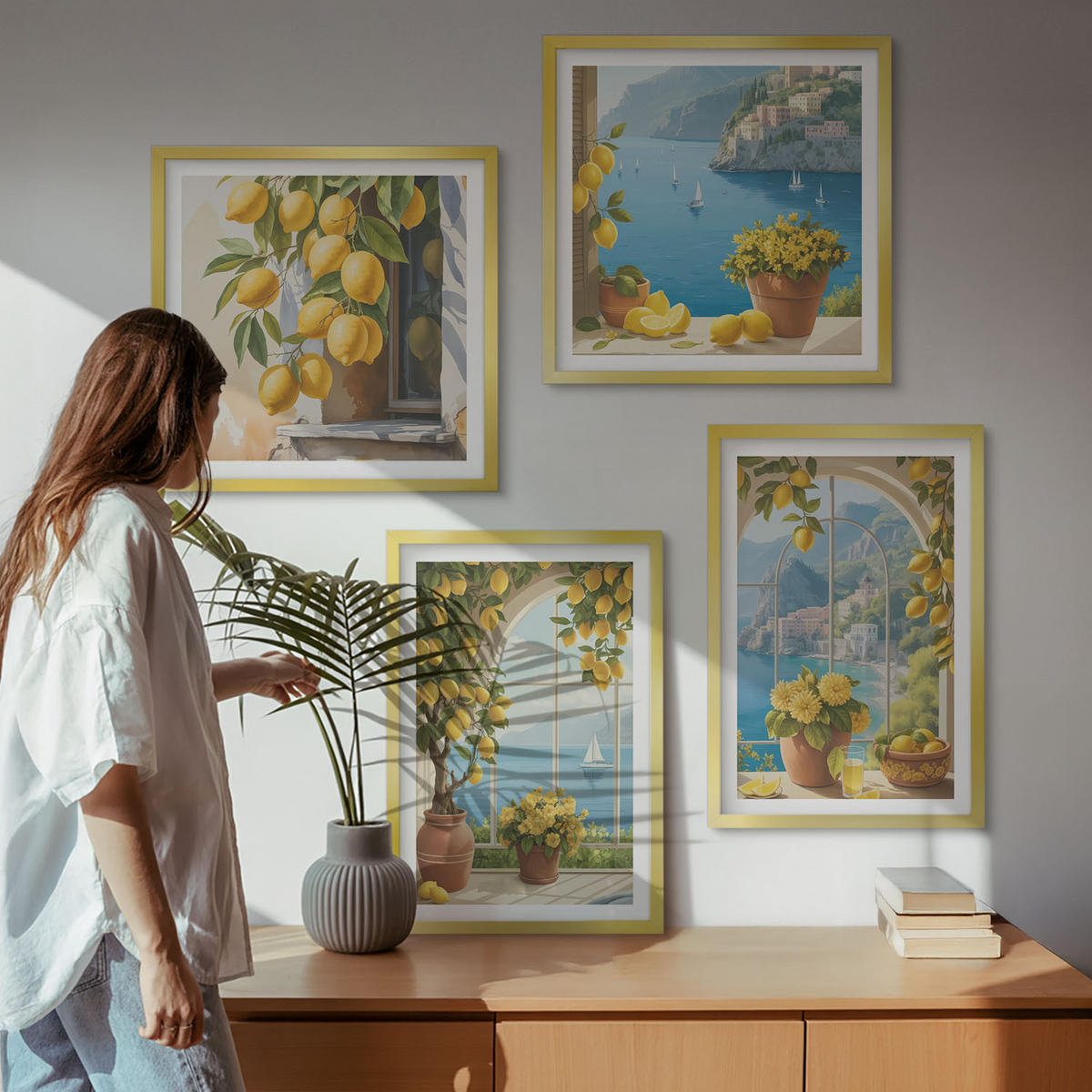 BILDER SET 4er Set - 50x50 cm & 40x60 cm Goldrahmen - Meereslandschaften, Zitronen, Fenster - Goldfarben, Kunststoff (50/50cm) - TULUP