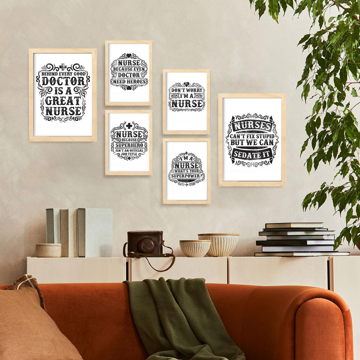 POSTER Set Mit 6 Krankenschwester In Rustikale Zitate A3 & A4 Rahmen Aus Hellem Holz - Beige, Papier (29/3cm) - Nacnic
