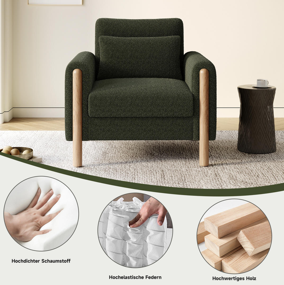 SESSEL 87/88.5/83 cm Grün aus Teddy mit abnehmbarem Sitzkissen - Grün, Textil (83/88.5/87cm) - OKMYHOME