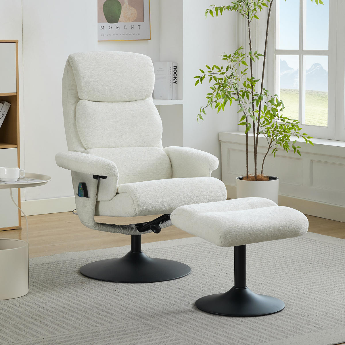 RELAXSESSEL Chenille Weiß mit Massagefunktion, Heizfunktion und Hocker - Weiß, Textil/Metall (50/94/98cm) - WISHDOR