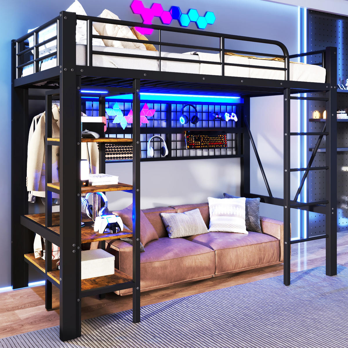 HOCHBETT 90/200 cm Schwarz aus Metall mit LED-Lichtleiste - Schwarz, Metall (90/200cm) - OKMYHOME