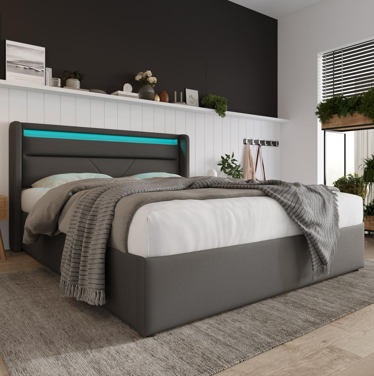 POLSTERBETT mit LED und Bettkasten 140x200 cm PU Grau - Grau, Metall (140/200cm) - Meubliv
