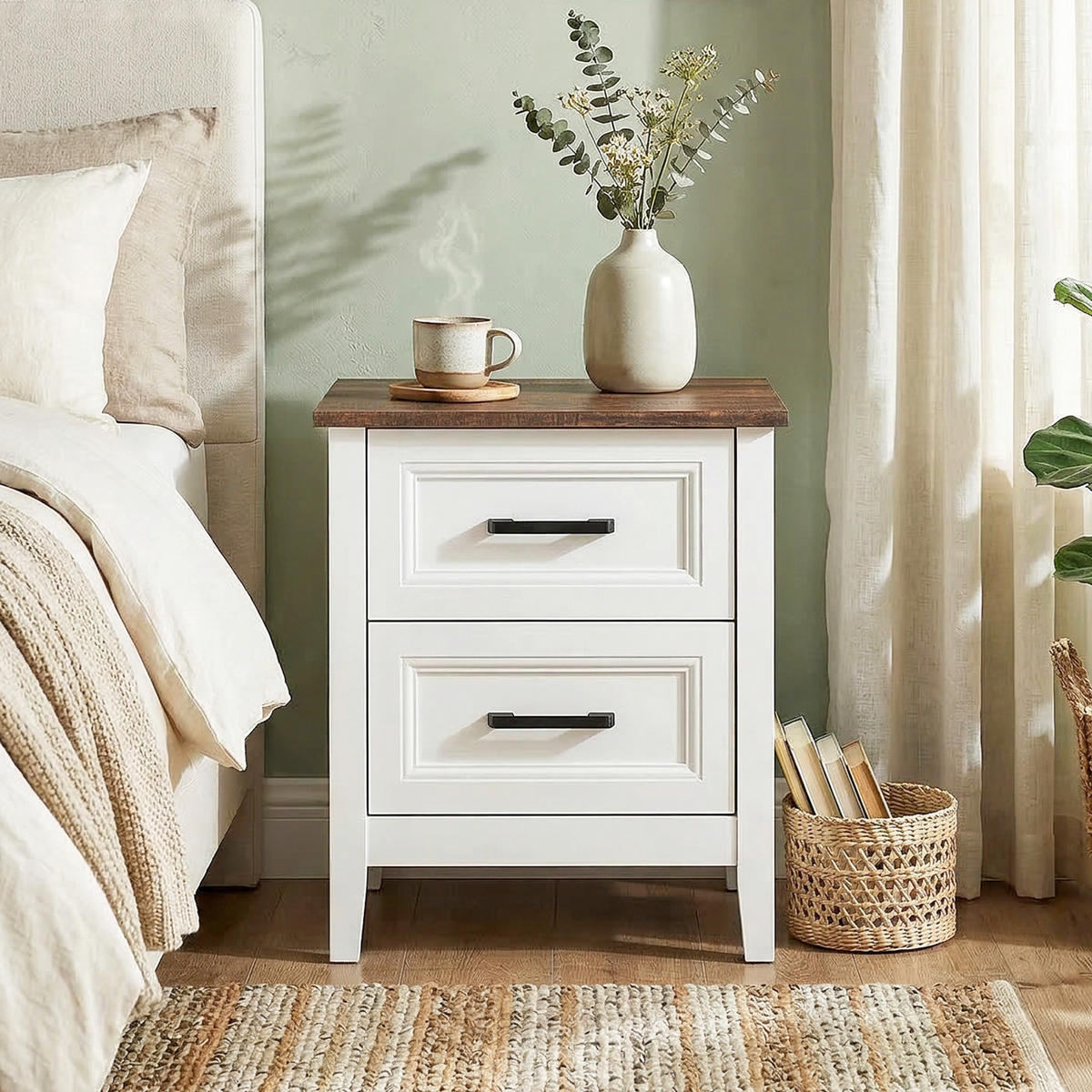 NACHTSCHRANK DE-12960 2 Schubladen, Landhausstil Weiß/Braun - Weiß, Holzwerkstoff (35/50/45cm) - ComfortXL