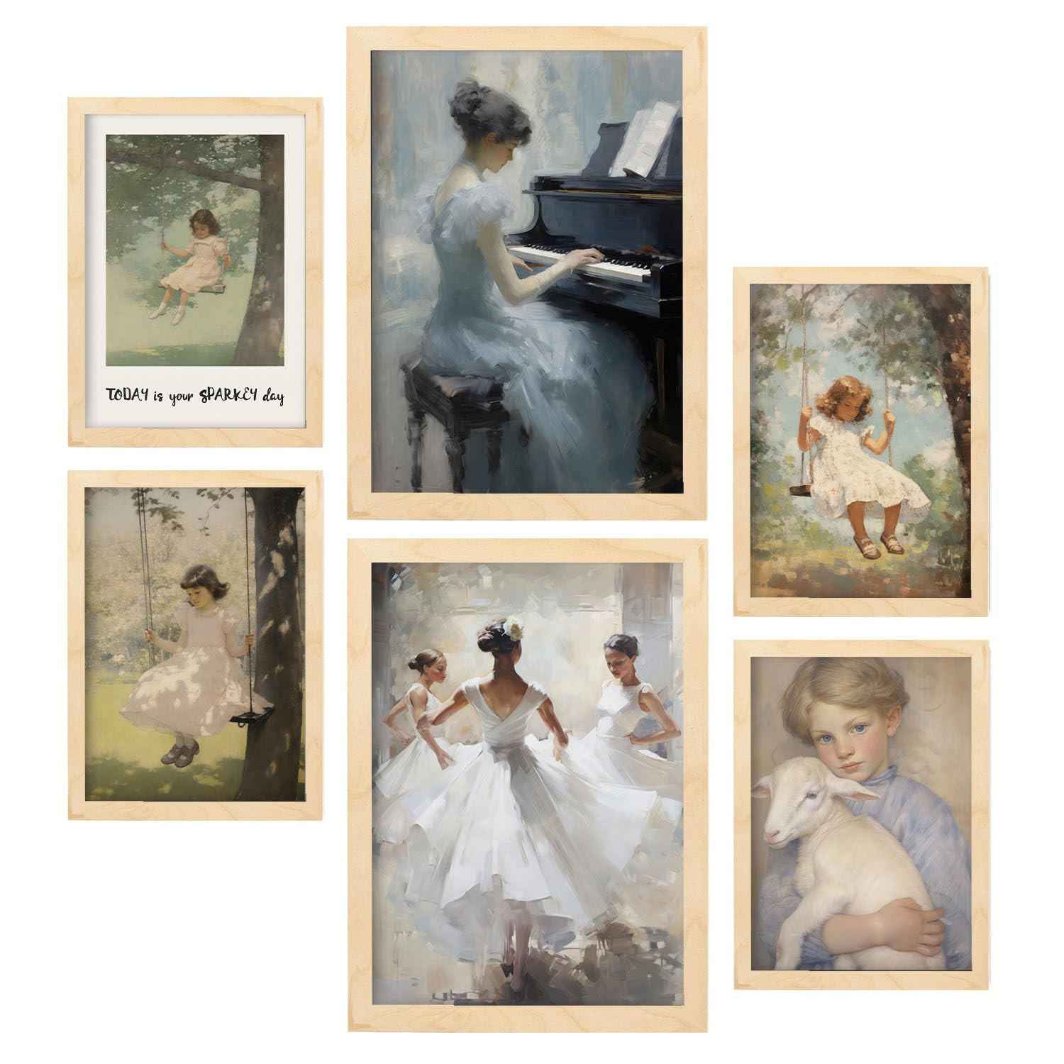 POSTER Set Mit 6 Kindheit Des Mädchens A3 & A4 Rahmen Aus Hellem Holz - Beige, Papier (29/3cm) - Nacnic