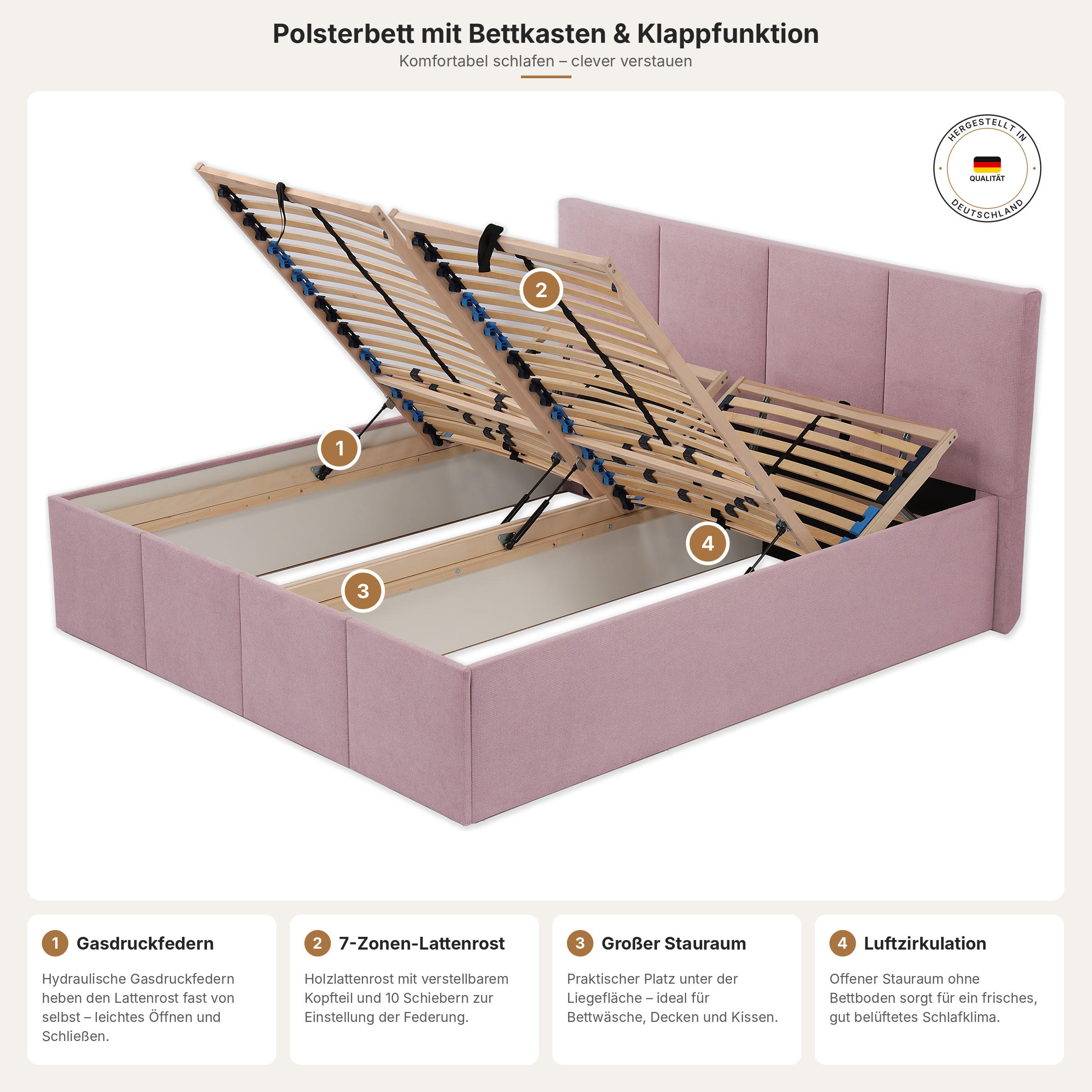 POLSTERBETT Dalas Rose 180 x 200 x 40 cm Bettkasten Mit hochwertiger Matratze H2 (bis 100 kg) und Lattenrost - Rosa, Holz (180/200cm) - Halmon Schlafkomfort Betten 