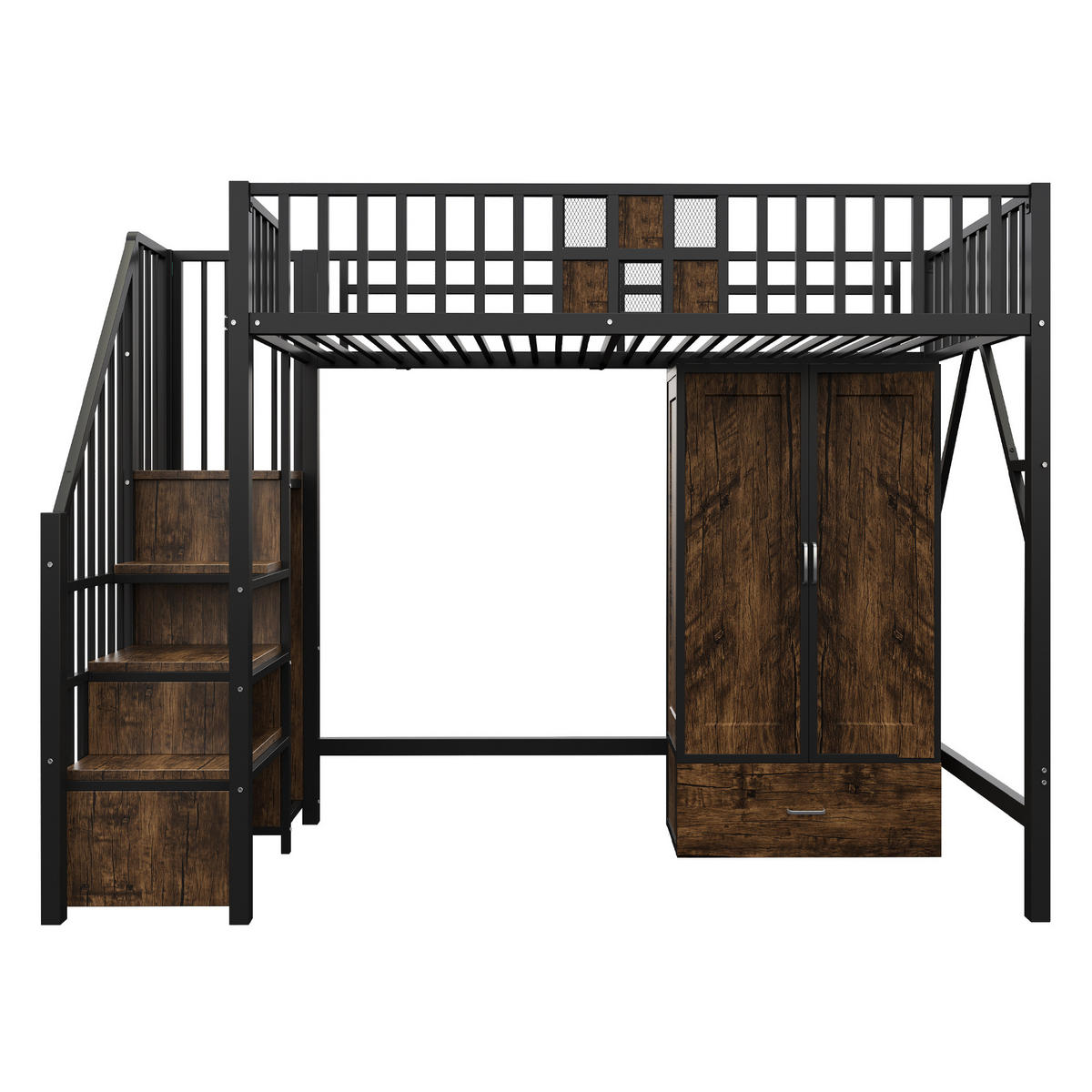 HOCHBETT 90/200 cm in Schwarz mit Kleiderschrank, Schubladen und Regal im Holz-Metall-Design - Schwarz, Holz/Metall (90/200cm) - STILVORA
