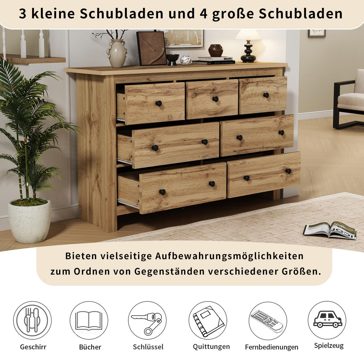 SIDEBOARD 152/40/89 cm mit 7 Schubladen in Holzfarbe im Landhausstil - Naturfarben, Holzwerkstoff (152/89/40cm) - BEAOK