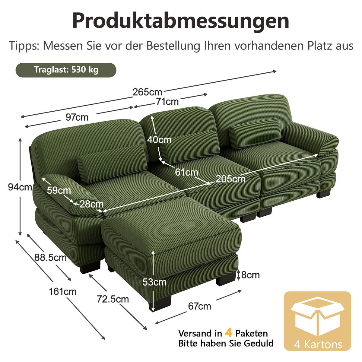 ECKSOFA L-Form 3-Sitzer mit Hocker, DE-42659, Grün - Grün, Holz (265/161cm) - ComfortXL