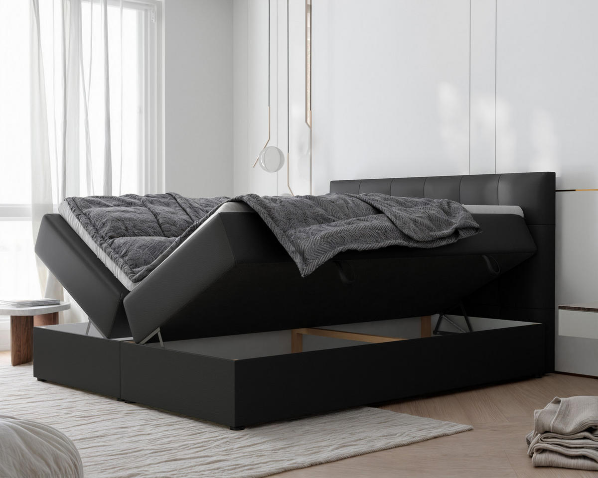 BOXBETT RENZO 200/200 cm mit Matratze und Topper, Schwarz - Schwarz, Holzwerkstoff/Textil (200/200cm) - Idohome