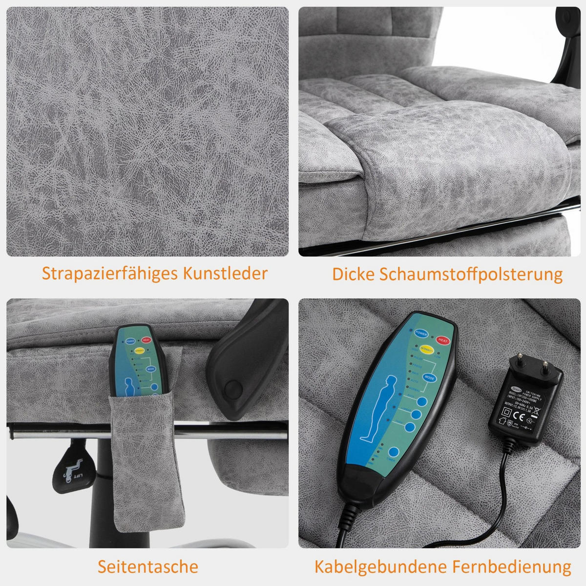 MASÁŽNE kancelárske kreslo 62/67/113-120 cm sivé s vyhrievaním a polohovaním z peny - sivá, plast (67/113/62cm) - OKWISH