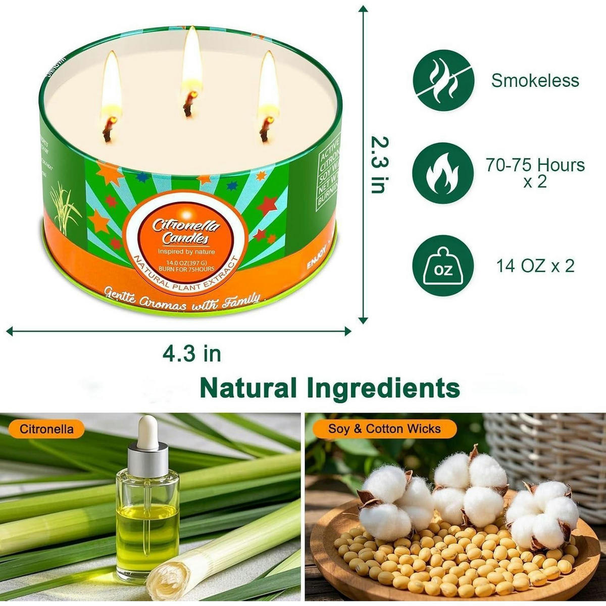 KERZE Citronella 2er-Set Sojawachs 150 Stunden Brenndauer - Multicolor, Paraffin (6cm)