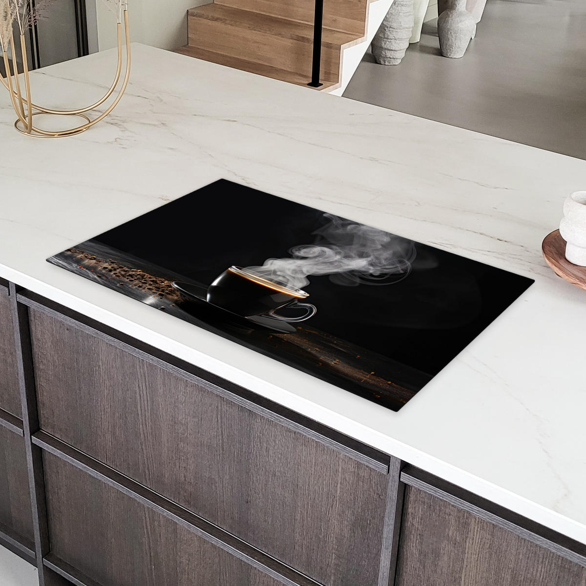 HERDABDECKPLATTE Kaffee - Schwarz - Bohnen - Heiß - Tasse Ceranfeldabdeckung 90x52 cm - Schwarz, Kunststoff (90/52/0.2cm) - MuchoWow