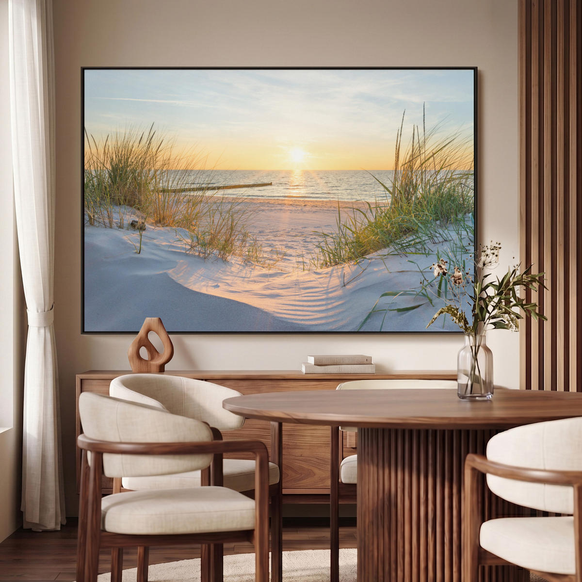 LEINWAND Bilder mit Rahmen - Strand - Sonne - Düne - Gras - Sand - Horizont - 150x100 - Hellblau, Textil (150/100cm) - MuchoWow
