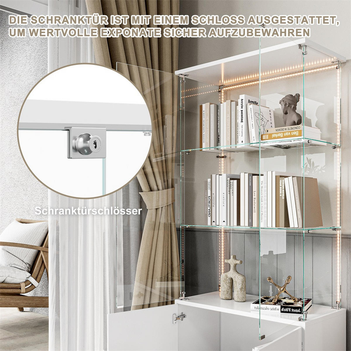 VITRINE - Glasvitrine mit Cabinet-Unterbau - 4 Türen und 3 Ebenen - LED-Lichtband-Beleuchtung - Weiß - Weiß, Glas (78.51/164/35cm) - DELFA
