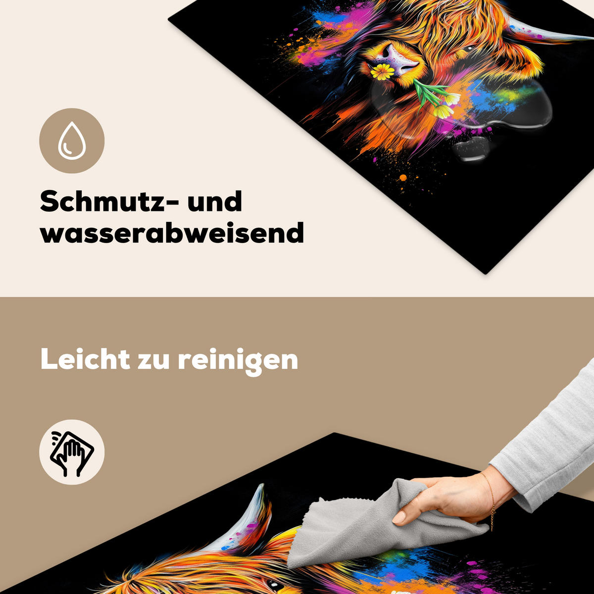 HERDABDECKPLATTE Schottischer Highlander - Graffiti - Bunt - Blume - Tiere Induktionsmatte 81x52 cm - Multicolor, Kunststoff (81/52/0.2cm) - MuchoWow