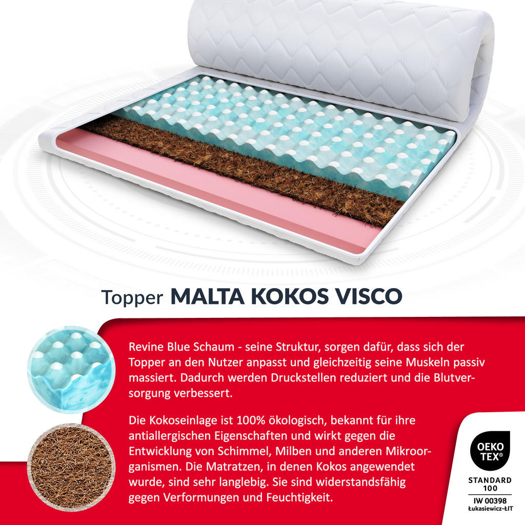Thumbnail - FDM Topper, Weiß, Textil, H2 + H4, Füllung: Viskoelastischer Kern, Rechteckig, 160x200 cm, Oeko-Tex® Standard 100, Schla...
