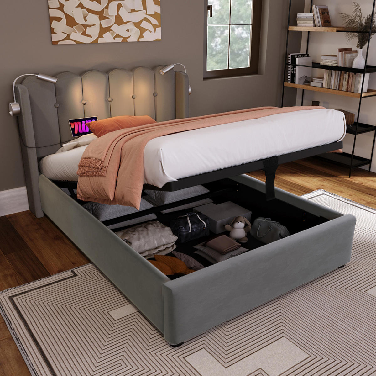 POLSTERBETT 90/200 cm mit Bettkasten, LED-Leselicht & USB-Anschluss, Samt Grau - Grau, Textil (90/200cm) - Redom