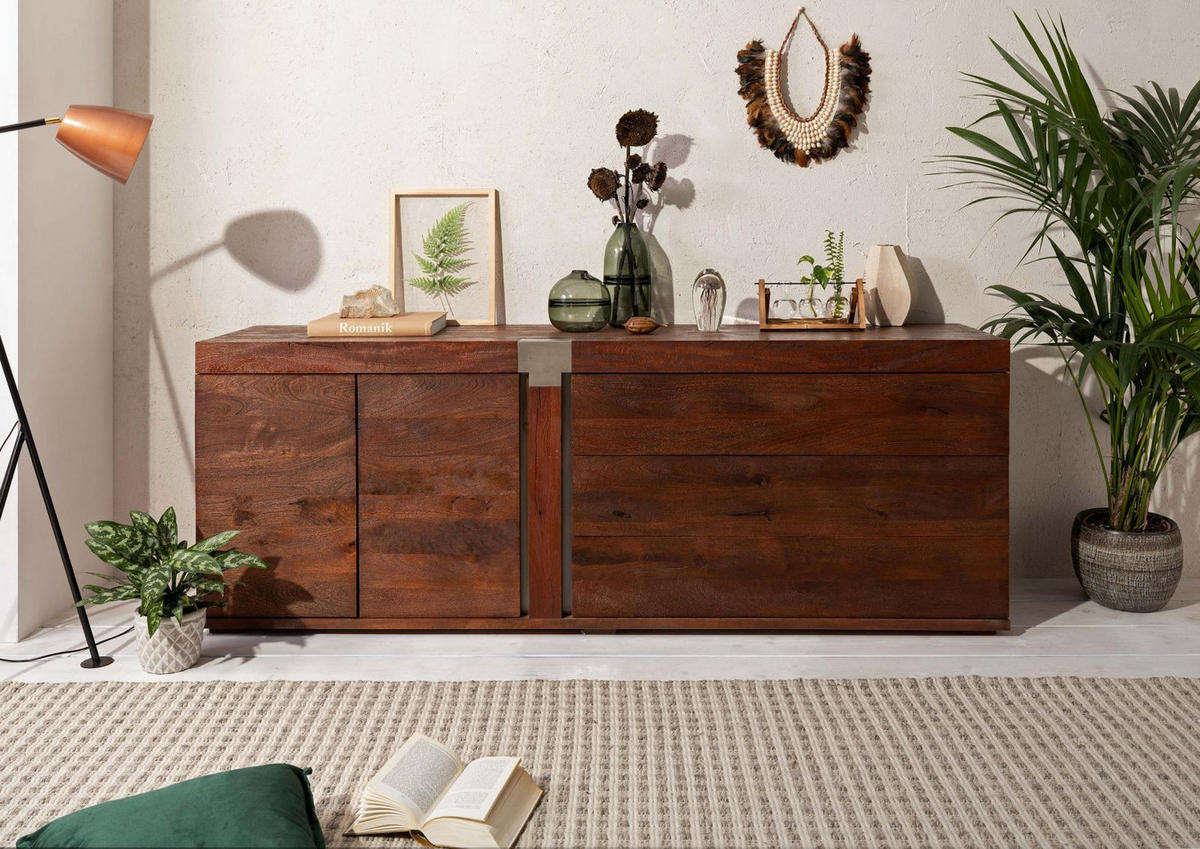SIDEBOARD Mango 200x45x75 braun lackiert Amsterdam #30 - Braun, Holz (200/75/45cm) - Massivmoebel24