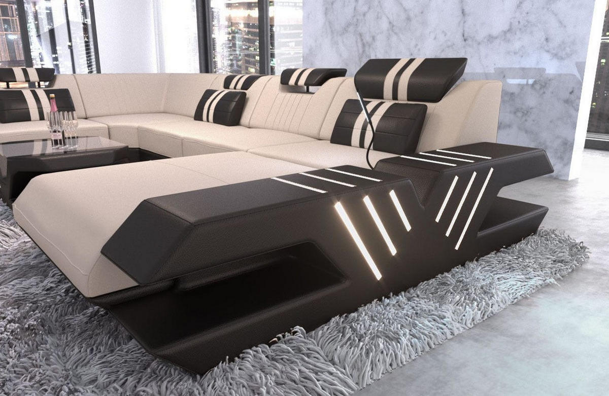 WOHNLANDSCHAFT Venedig Elfenbein Schwarz Mikrofaserstoff - Creme, Kunststoff (373/80/288cm)