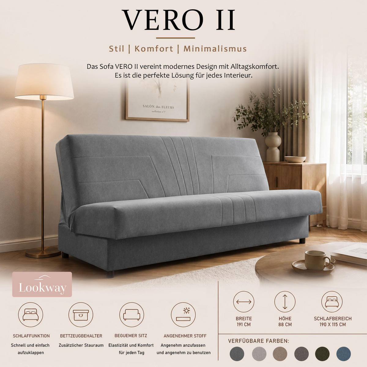 SCHLAFSOFA VERO II mit Schlaffunktion Castel 20 - Grau, Textil (191/88/90cm) - Lookway